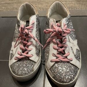 Golden goose with silver bling and pink shoes laces. Size 8